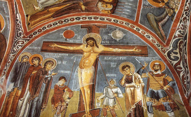 Early Christian mosaics in the Karanlik church at Goreme Open Air museum